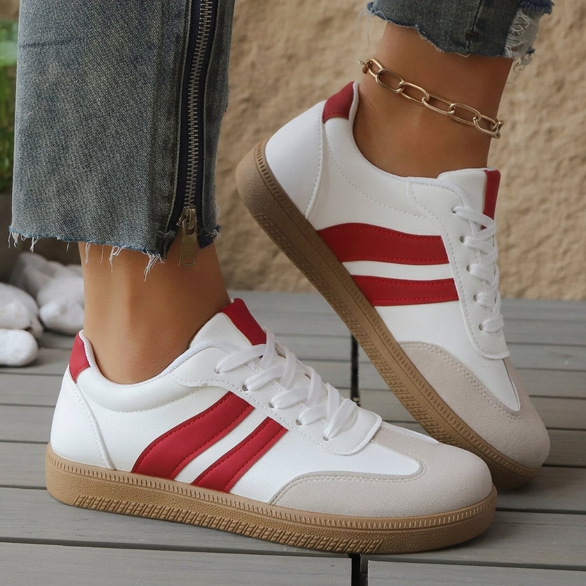 dames retro sneakers met vetersluiting in rood & wit