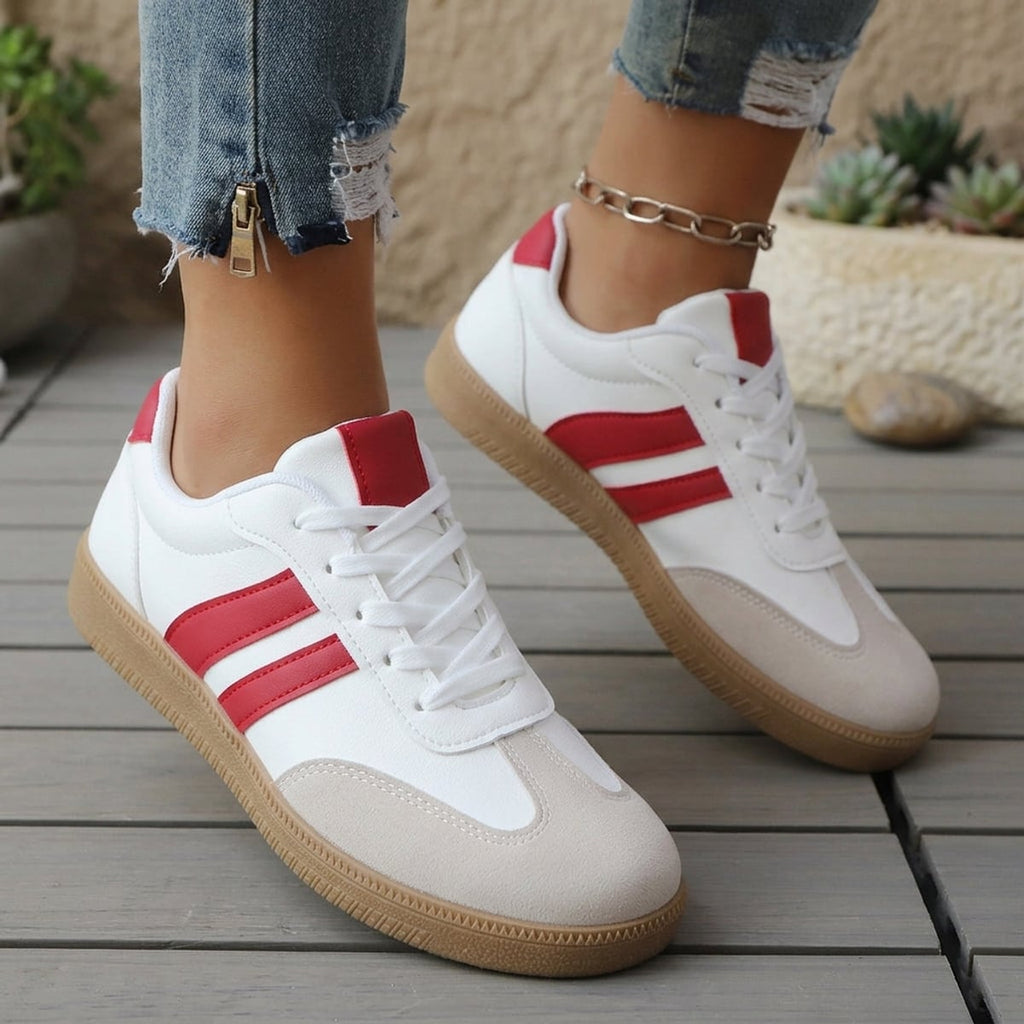 dames retro sneakers met vetersluiting in rood & wit