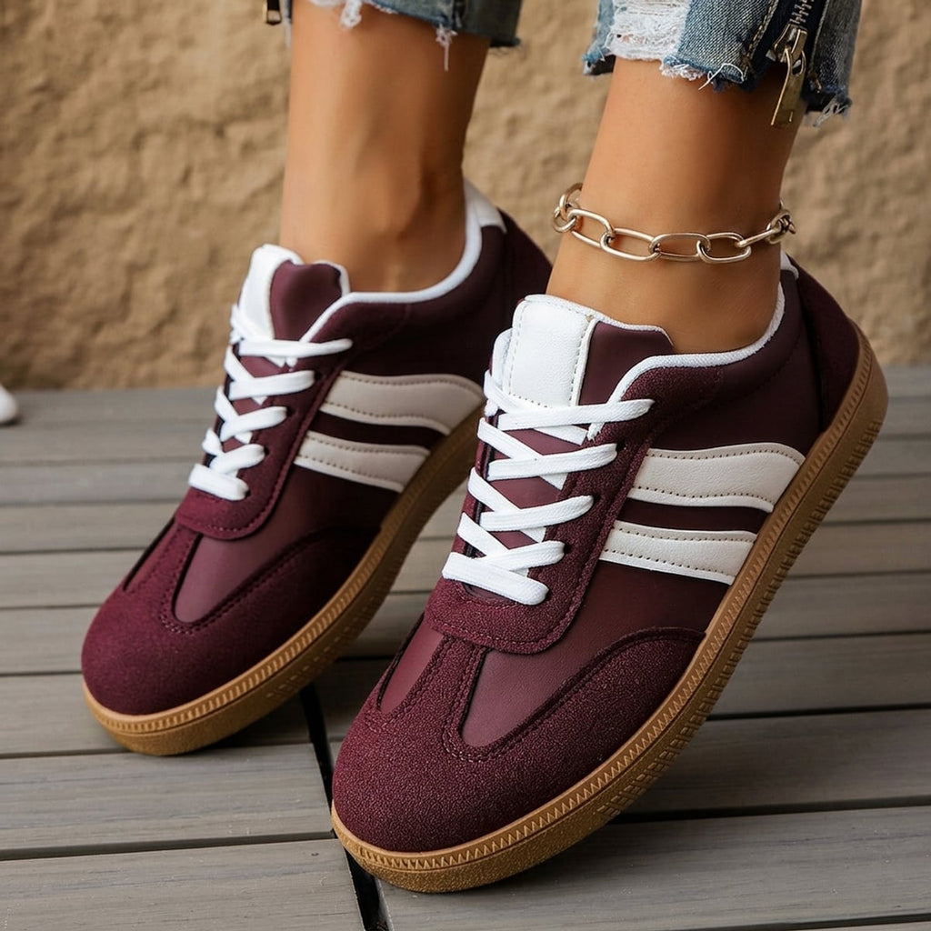 dames retro sneakers met vetersluiting in donkerrood & wit