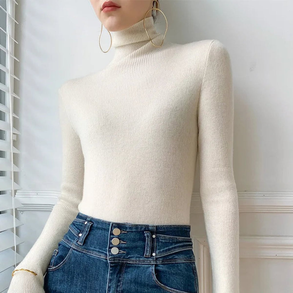 dames slim fit coltrui in crème