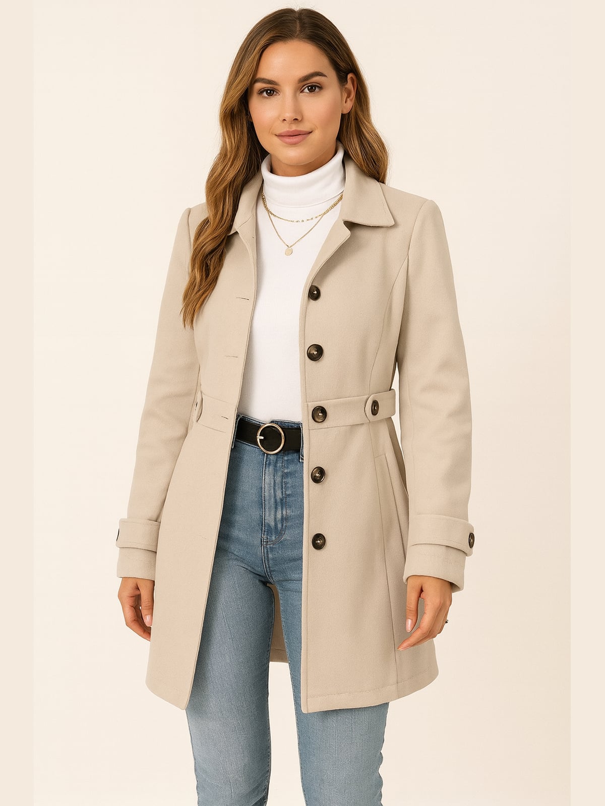 dames trenchcoat getailleerd met ceintuur in champagne