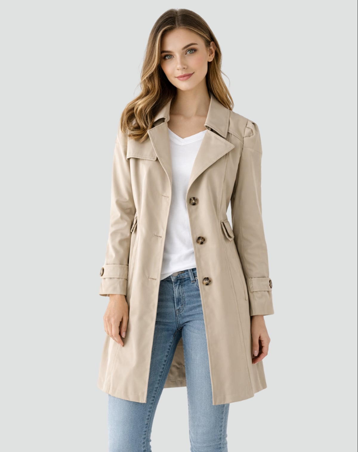dames trenchcoat getailleerd met reverskraag in khaki