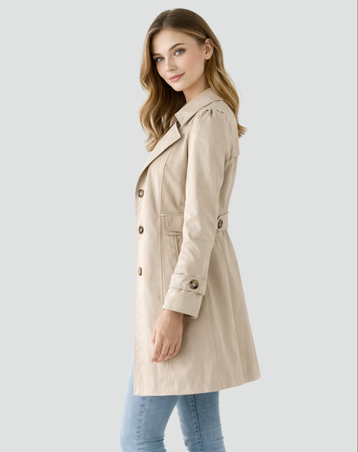 dames trenchcoat getailleerd met reverskraag in beige