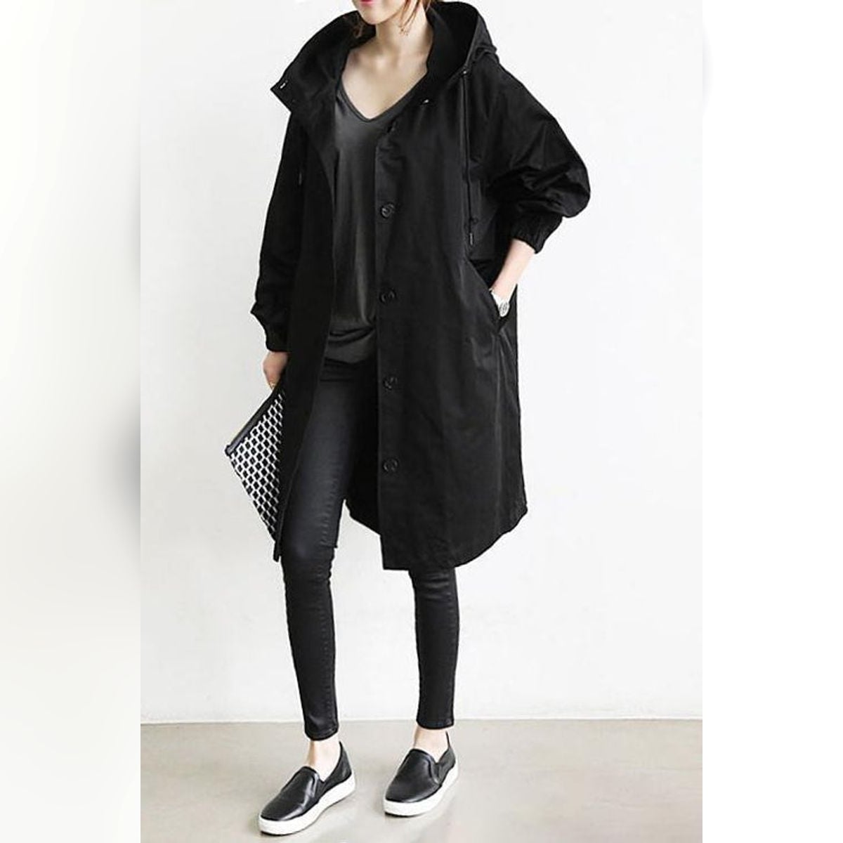 dames trenchcoat met capuchon in zwart