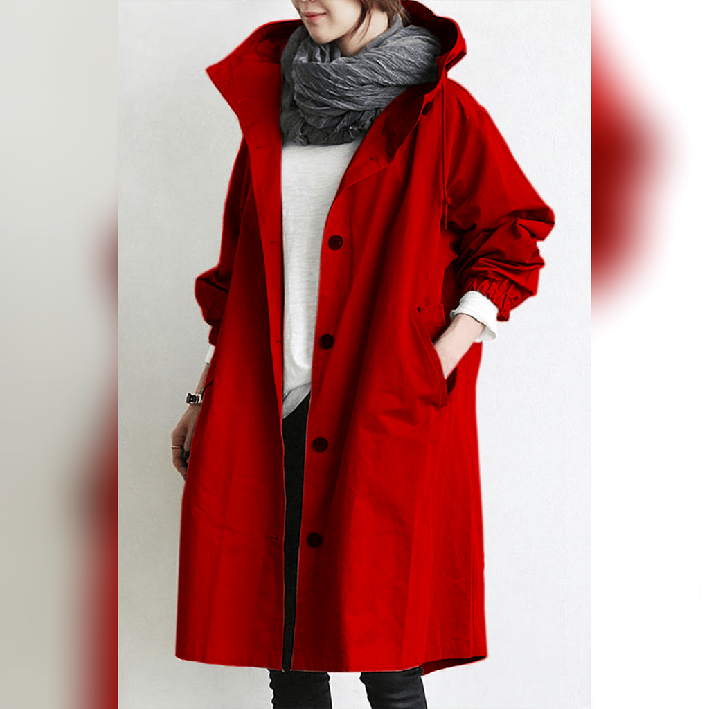 dames trenchcoat met capuchon in rood