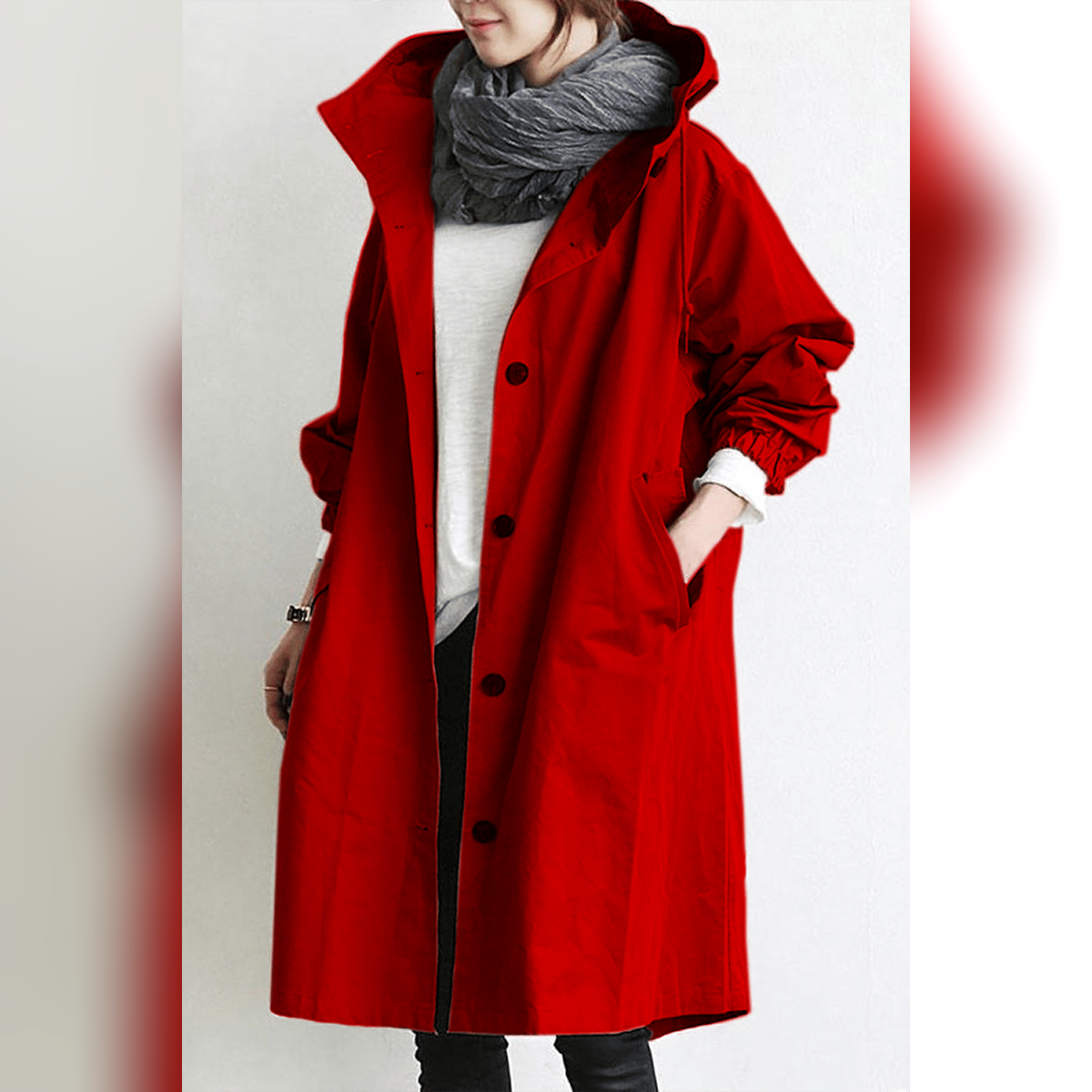 dames trenchcoat met capuchon in rood