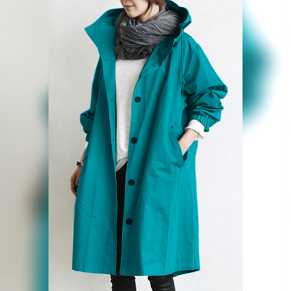 dames trenchcoat met capuchon in turquoise