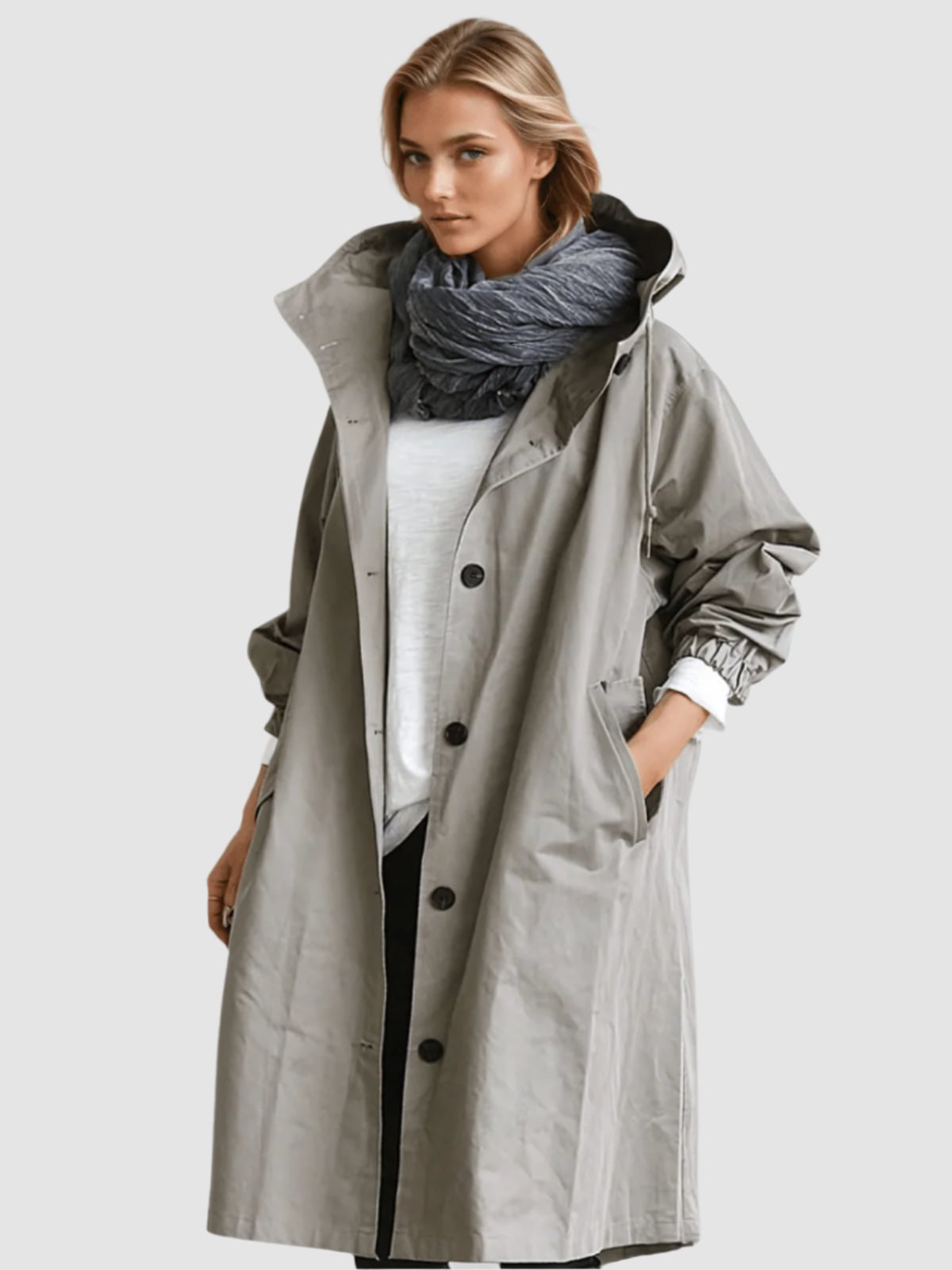 dames trenchcoat met capuchon oversized in grijs
