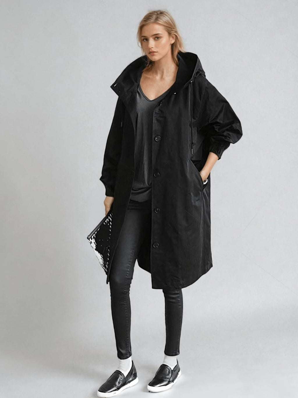 dames trenchcoat met capuchon oversized in zwart