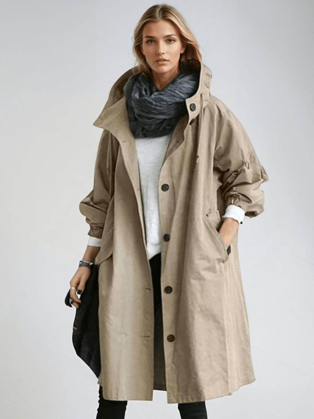 dames trenchcoat met capuchon oversized in bruin