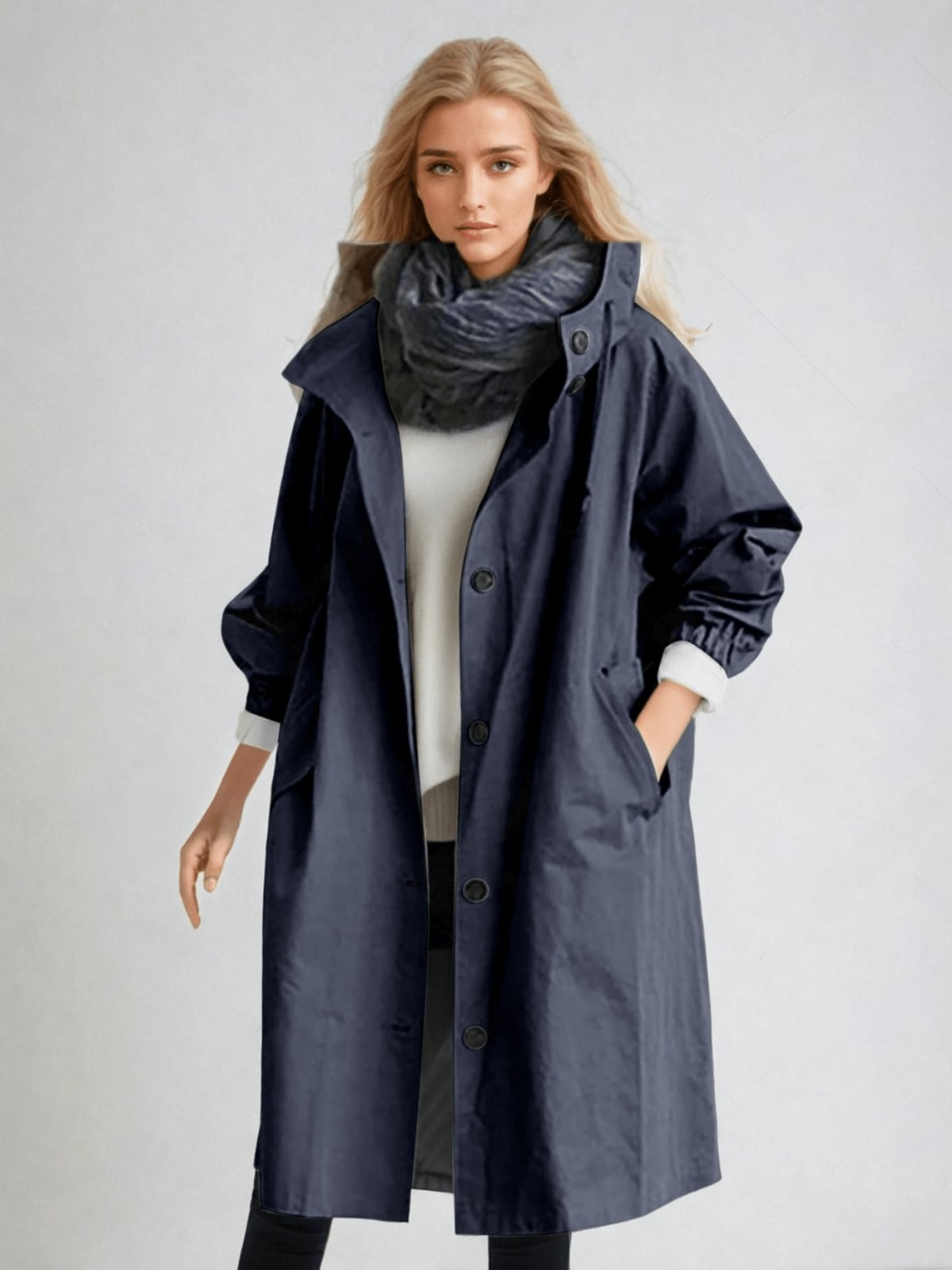 dames trenchcoat met capuchon oversized in marineblauw