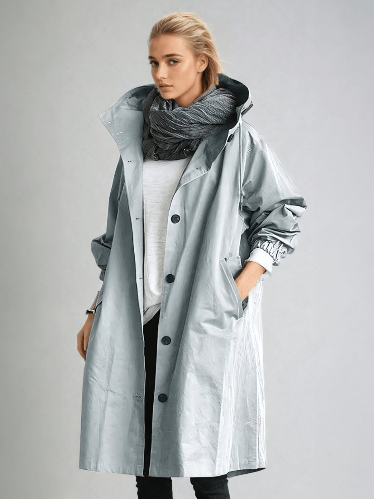 dames trenchcoat met capuchon oversized in lichtblauw