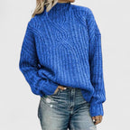 dames trui met colkraag en kabelpatroon in blauw