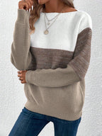 dames trui met colorblock en ronde hals in bruin