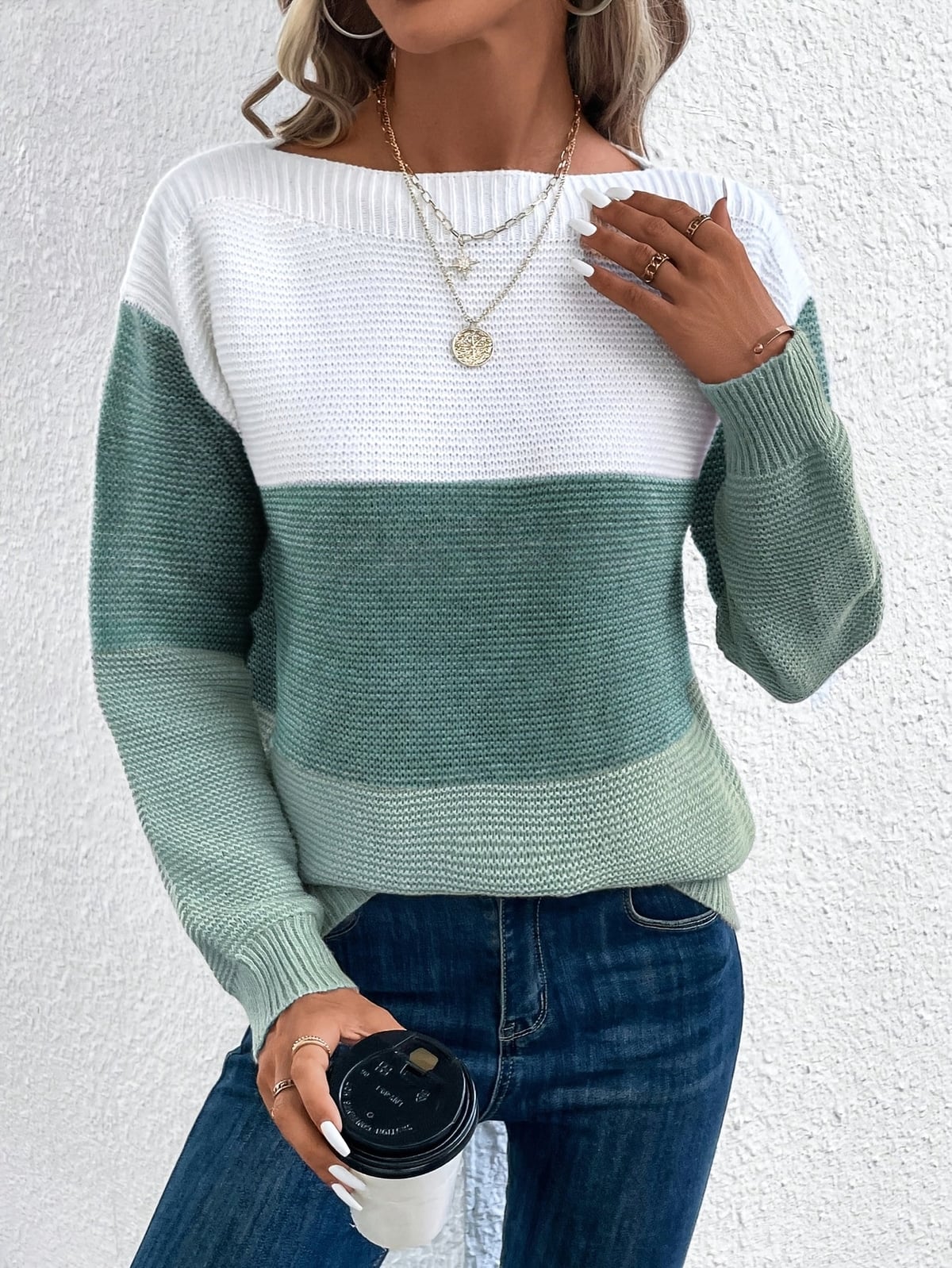 dames trui met colorblock en ronde hals in groen