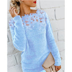 dames trui met kanten schouderpas in blauw