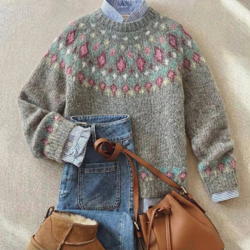dames trui met nordic patroon en ronde hals in zachtgrijs pastel