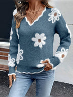 dames trui met v-hals en bloemenpatroon in marineblauw