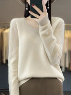 dames trui met v-hals en lange mouw in beige