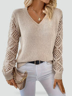dames trui met v-hals en opengewerkte mouwen in beige