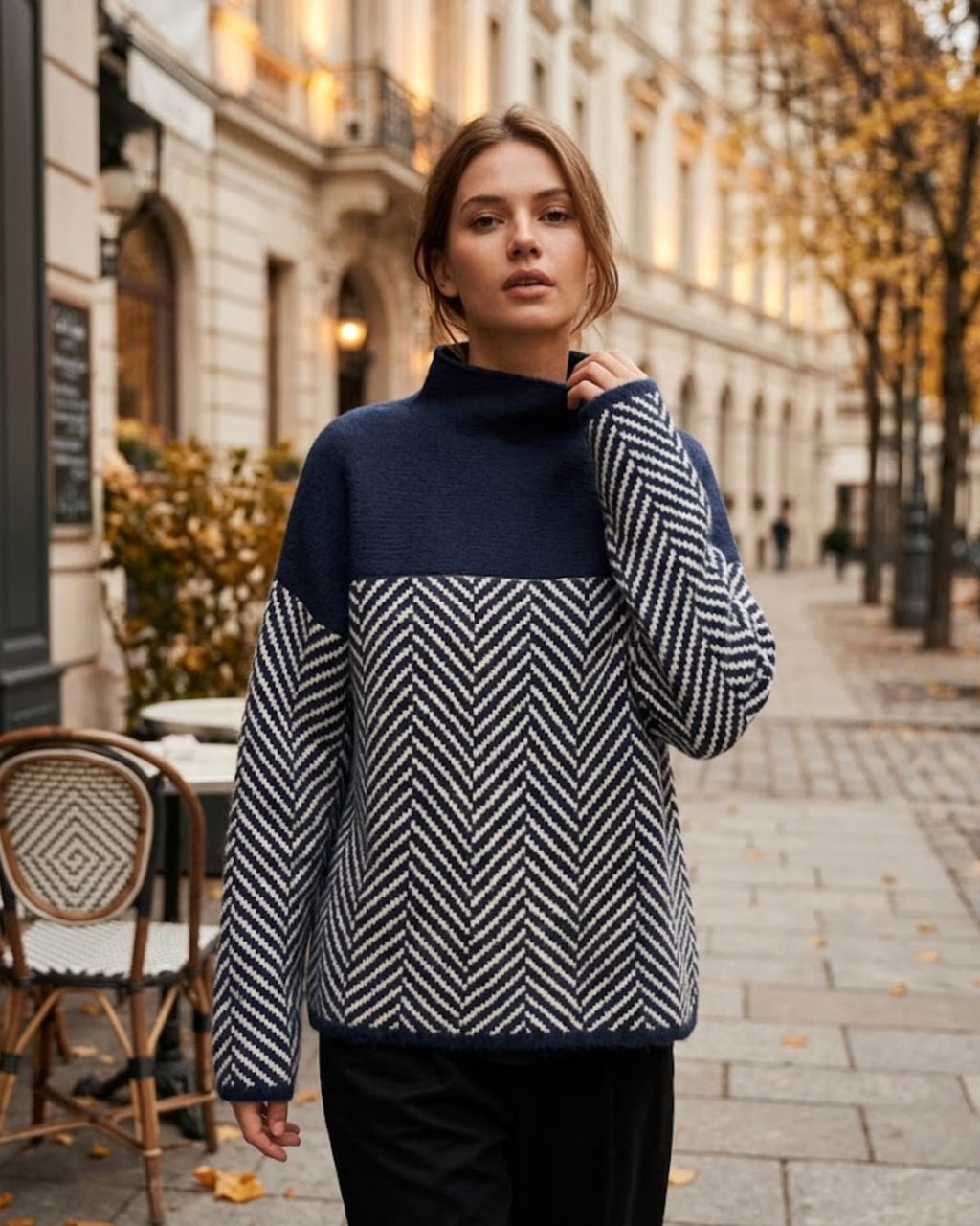 dames trui oversized met colkraag en visgraatpatroon in blauw