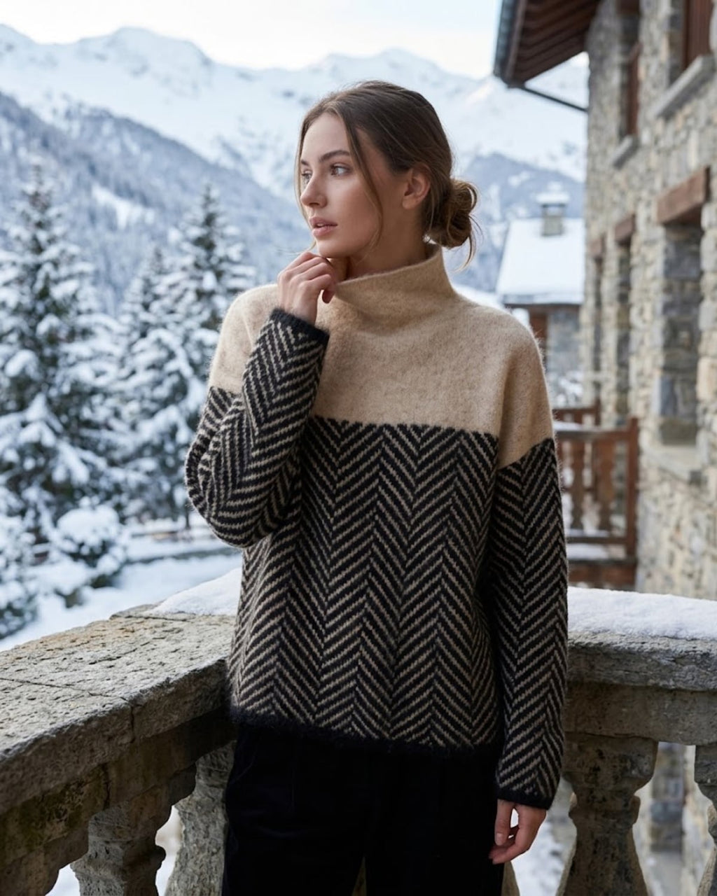 dames trui oversized met colkraag en visgraatpatroon in bruin