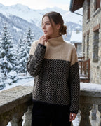 dames trui oversized met colkraag en visgraatpatroon in bruin