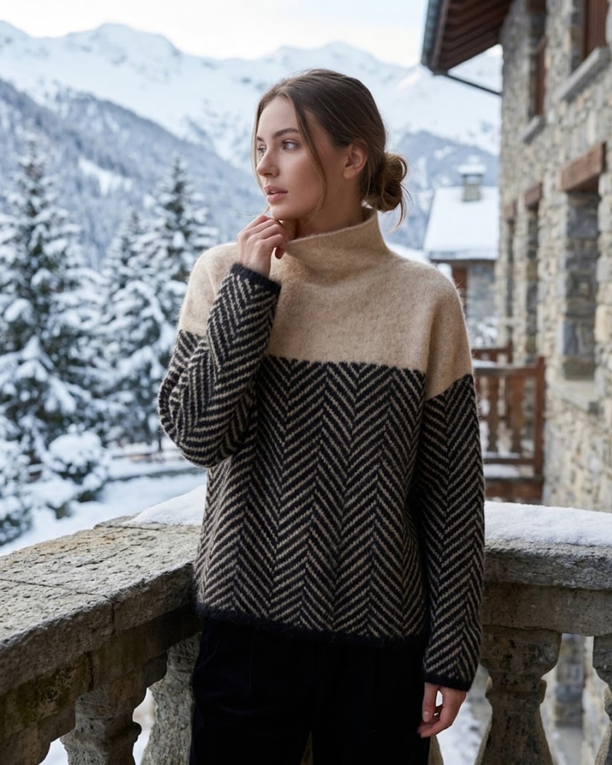 dames trui oversized met colkraag en visgraatpatroon in bruin