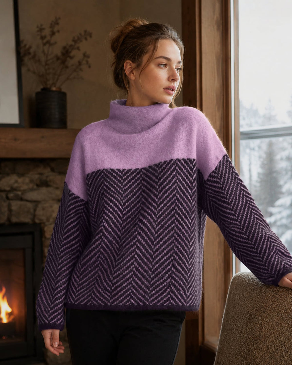 dames trui oversized met colkraag en visgraatpatroon in lila