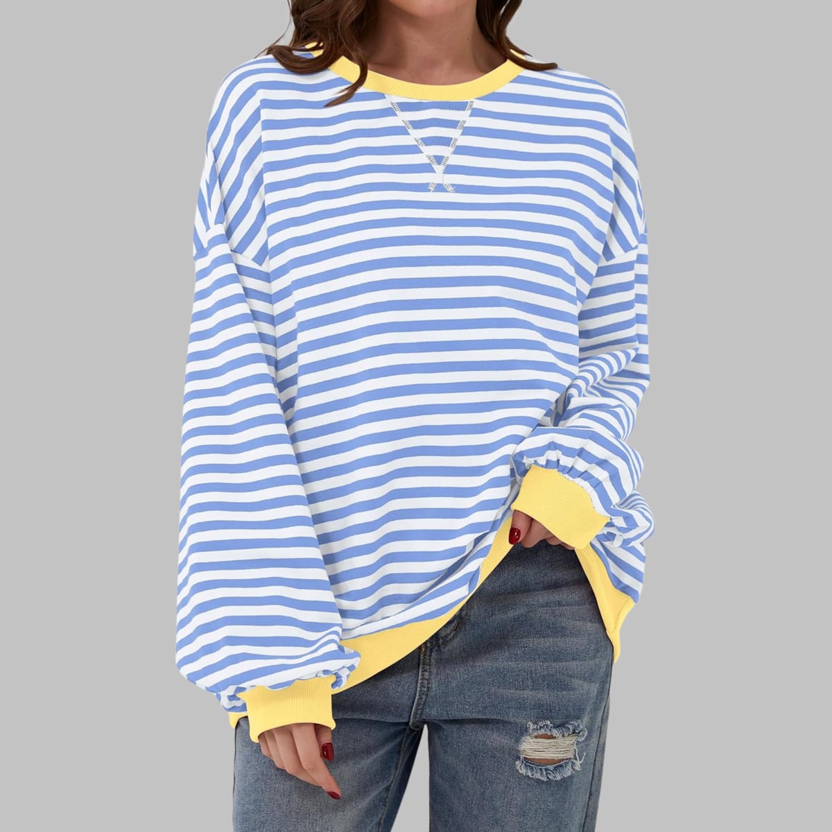 dames trui oversized met gestreept patroon in hemelsblauw
