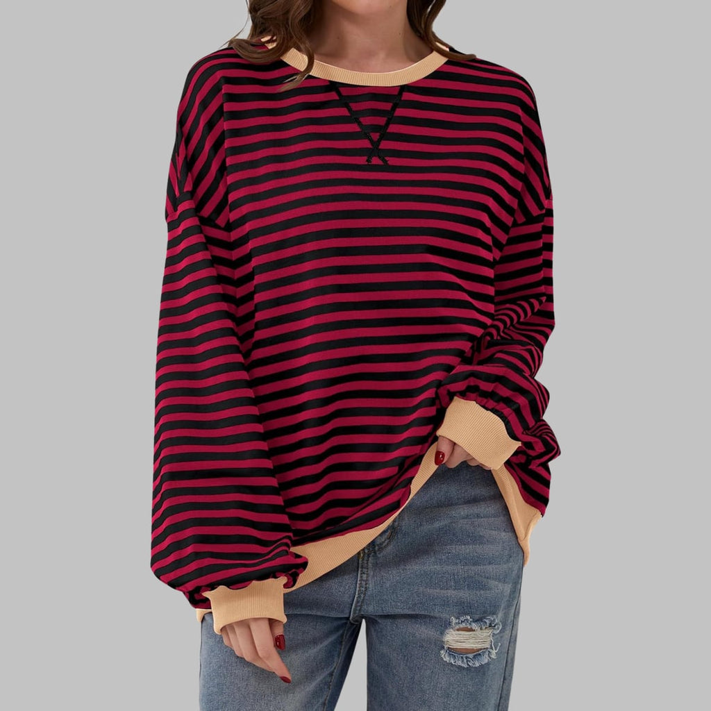 dames trui oversized met gestreept patroon in bordeaux