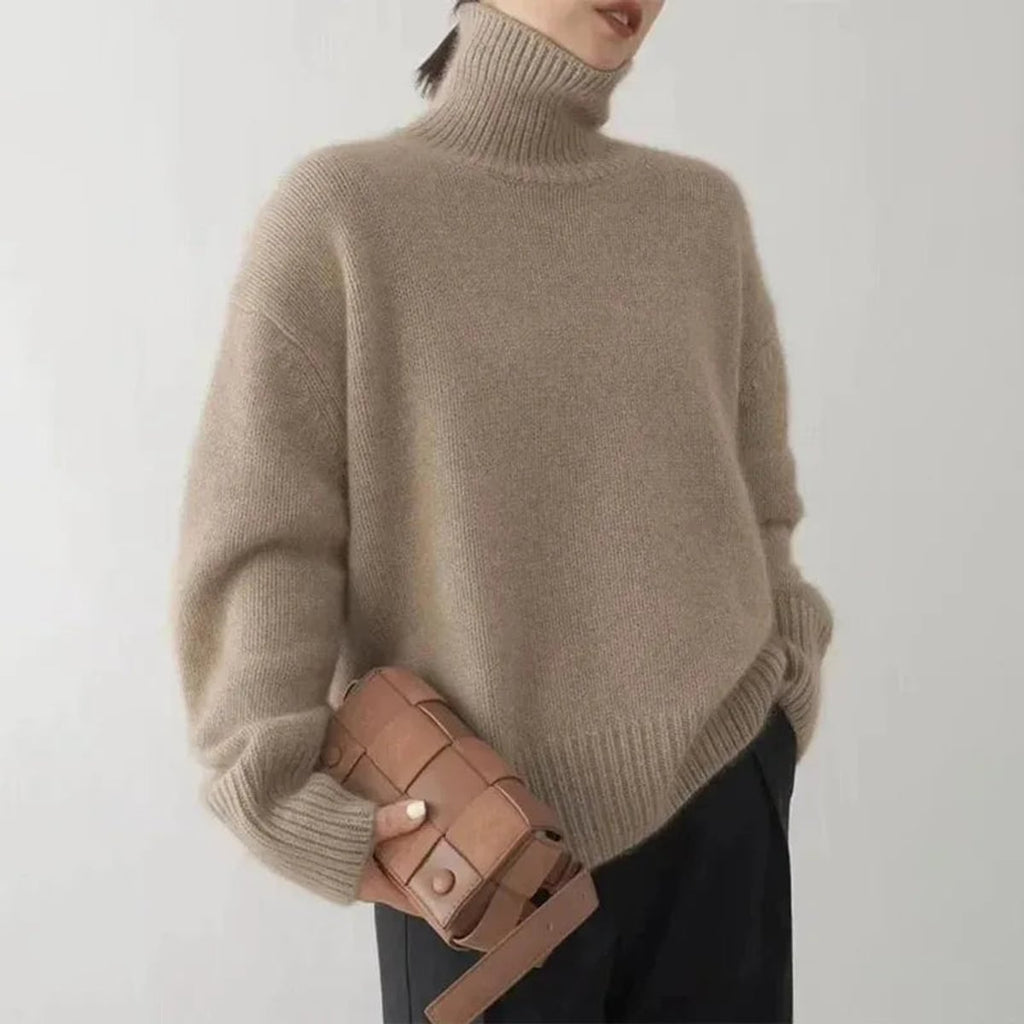 dames trui oversized met rolkraag in kameel
