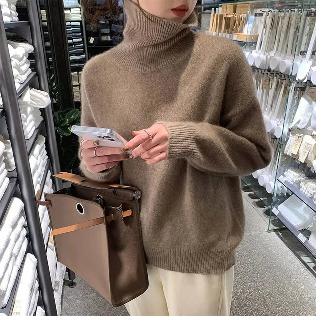 dames trui oversized met rolkraag in koffie