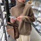dames trui oversized met rolkraag in koffie