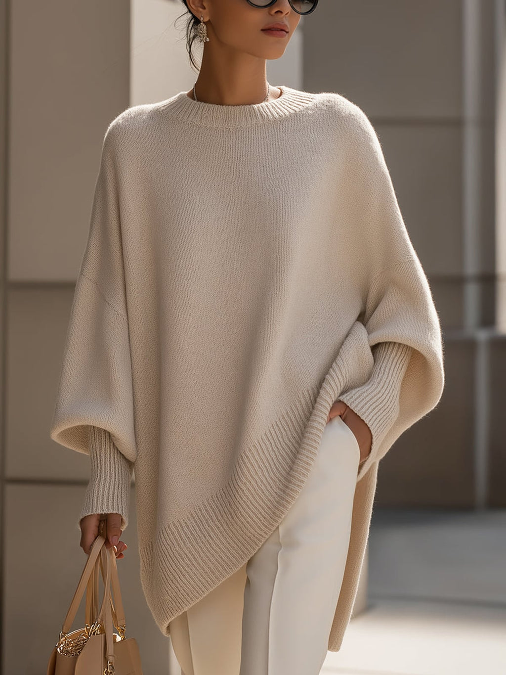 dames trui oversized met ronde hals in beige