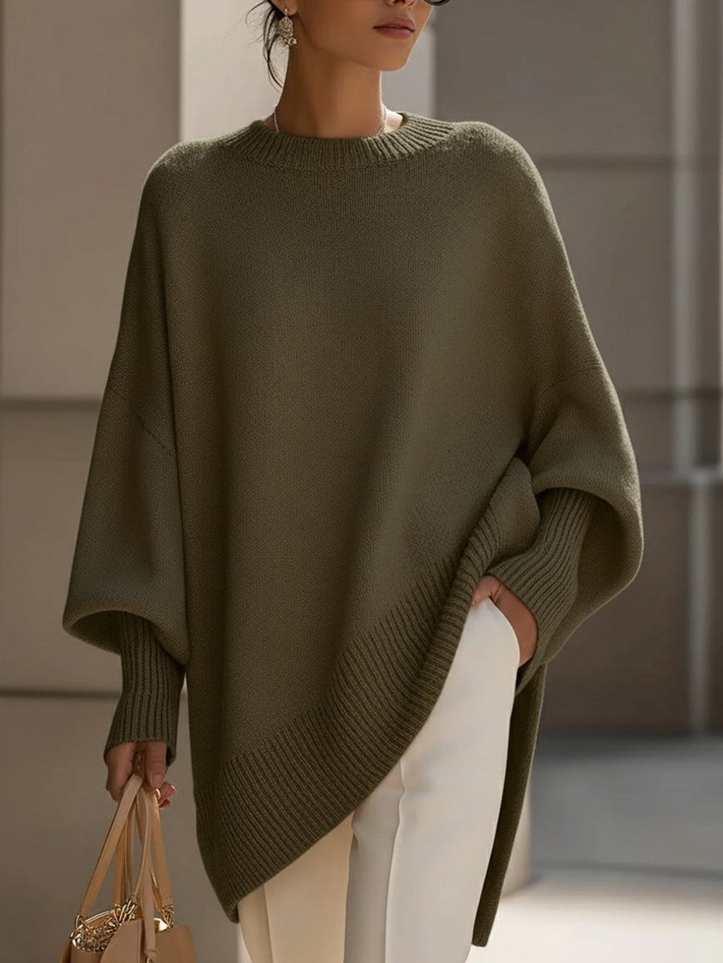 dames trui oversized met vleermuismouwen in legergroen