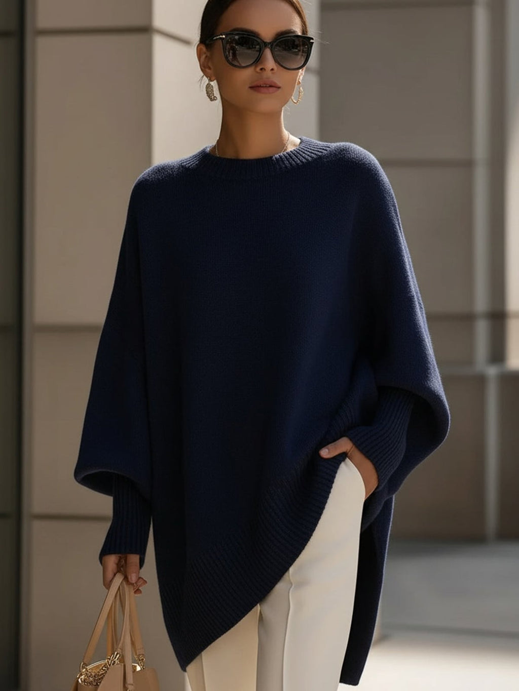 dames trui oversized met vleermuismouwen in marineblauw