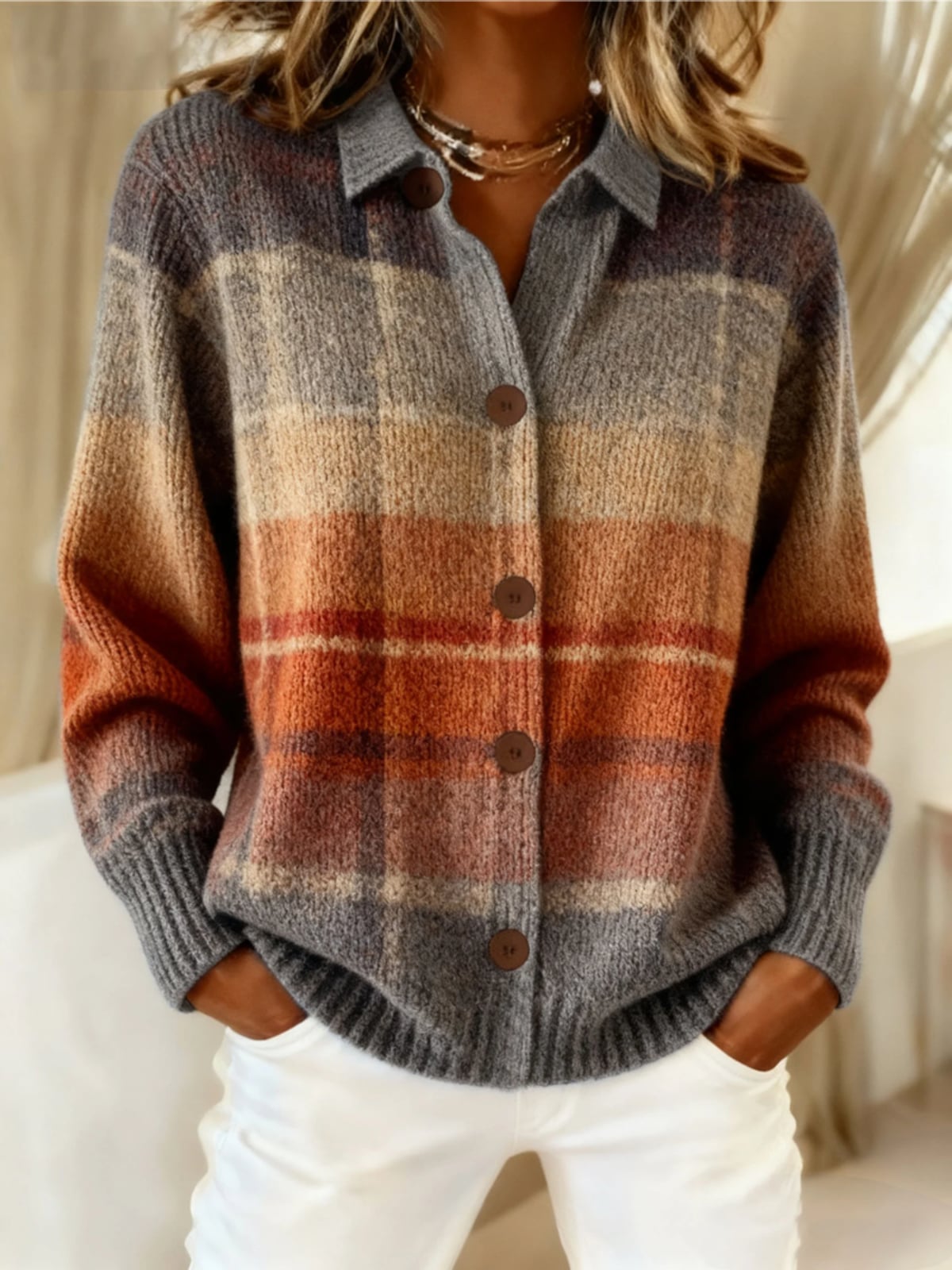 dames vest met kraag en knoopsluiting in lichtbruin