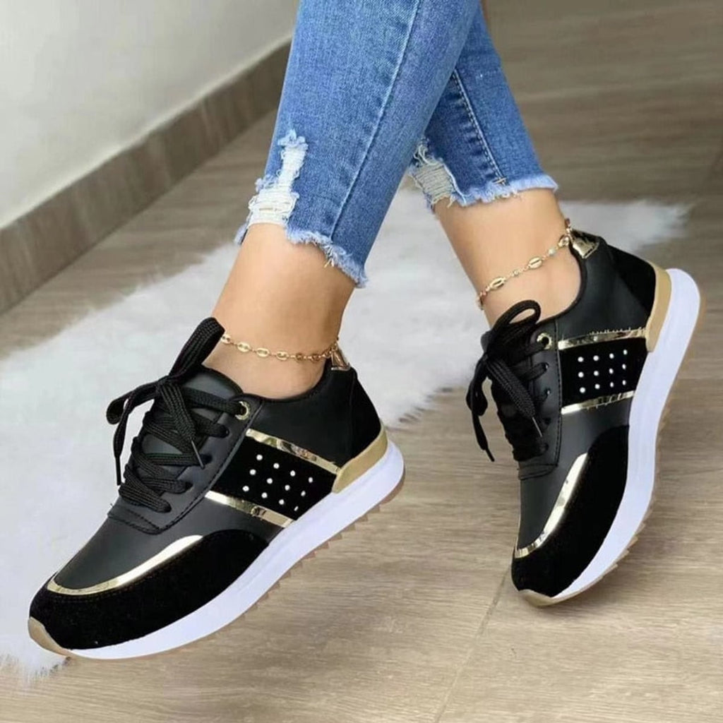 dames vetersneaker met metallic detail in zwart