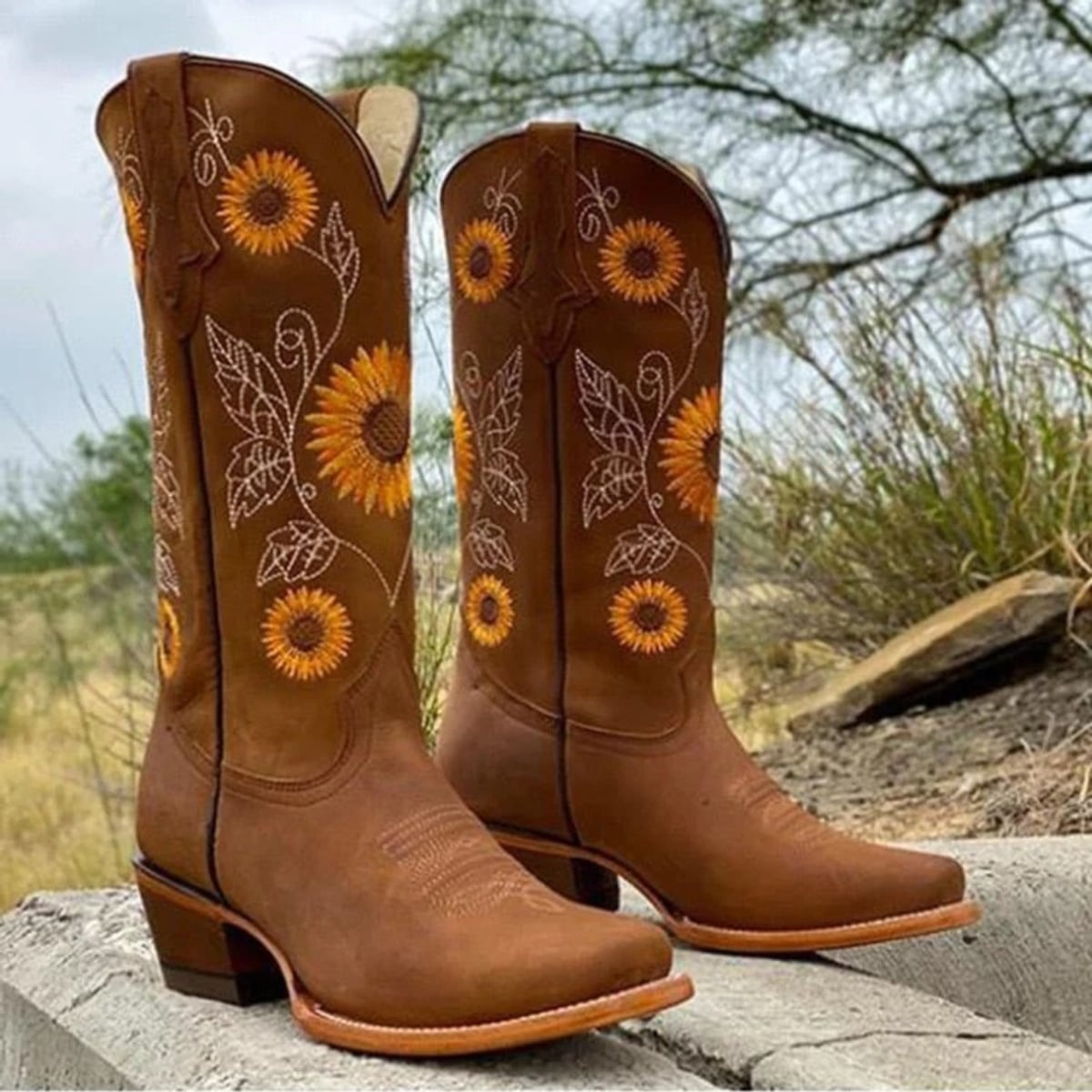 dames western cowboylaarzen met bloemborduursel in bruin