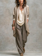 dames wide leg broek met elastische taille in beige-grijs