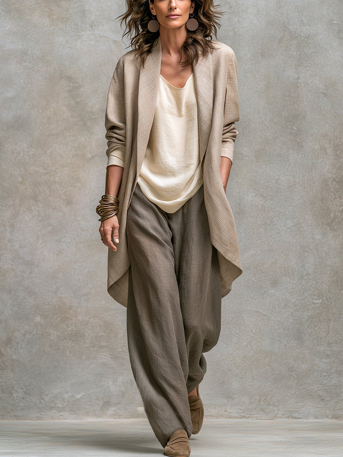 dames wide leg broek met elastische taille in beige-grijs