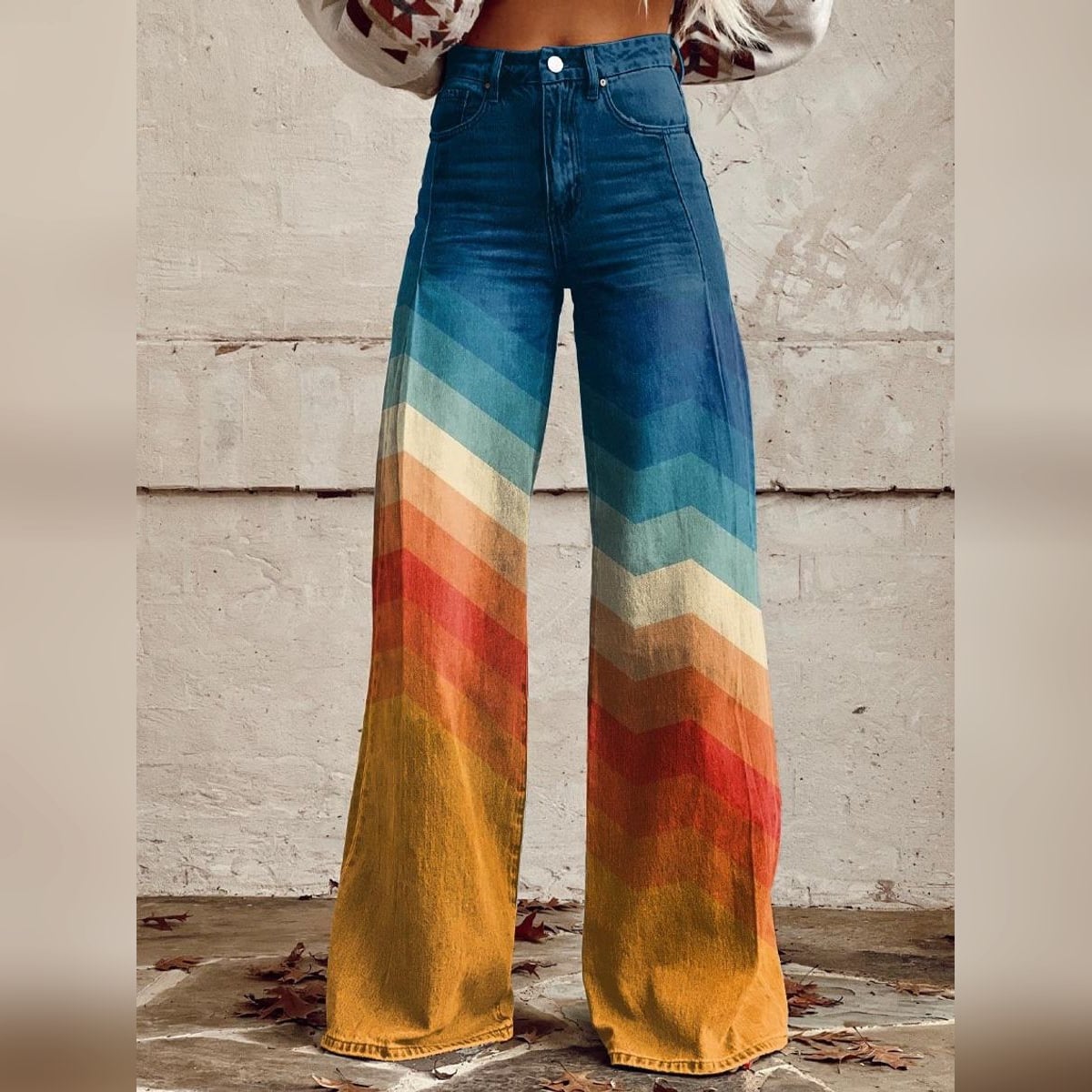 dames wide leg broek met hoge taille in zonsondergang chevron