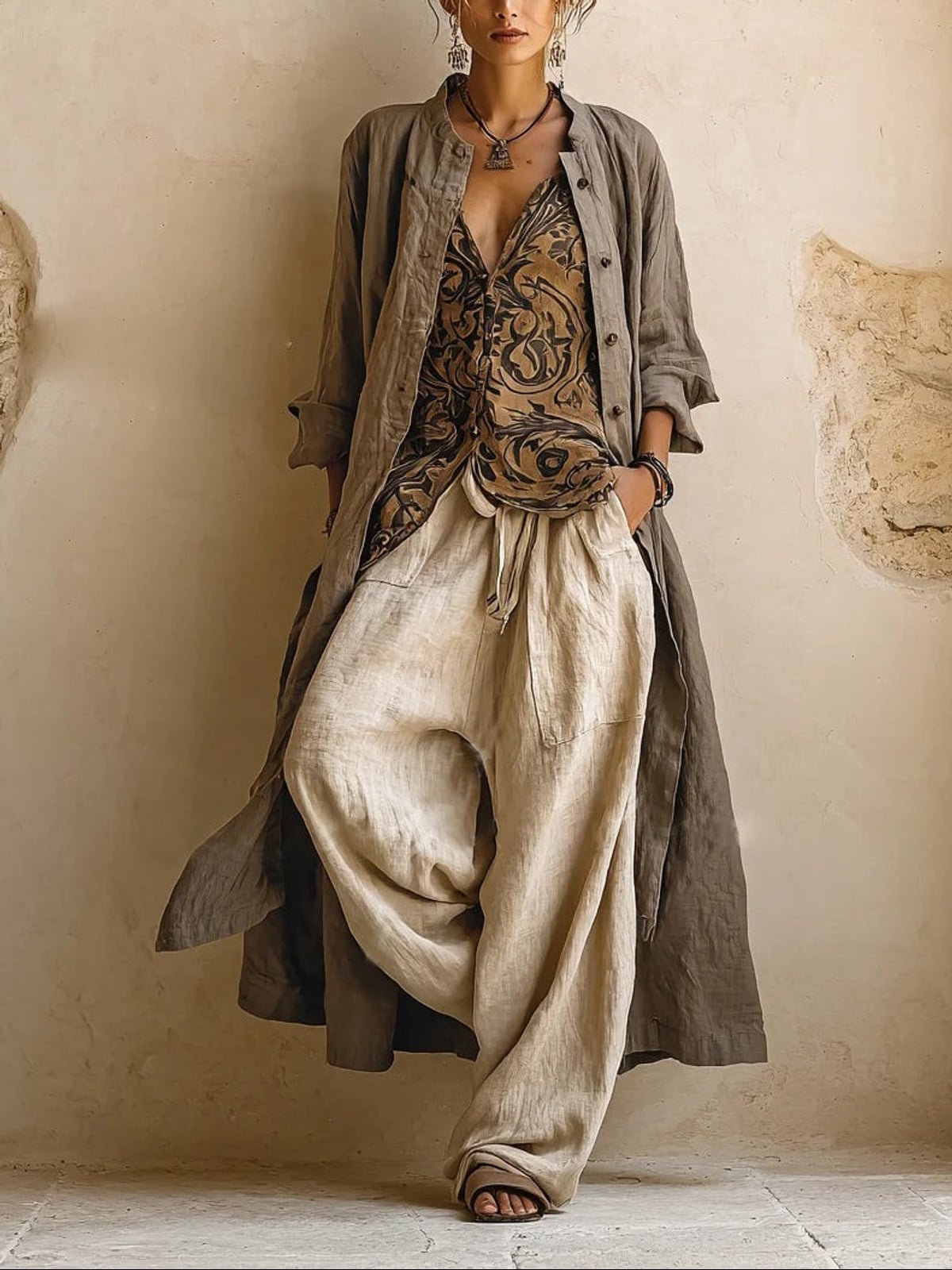 dames wide leg broek met trekkoord taille bruin