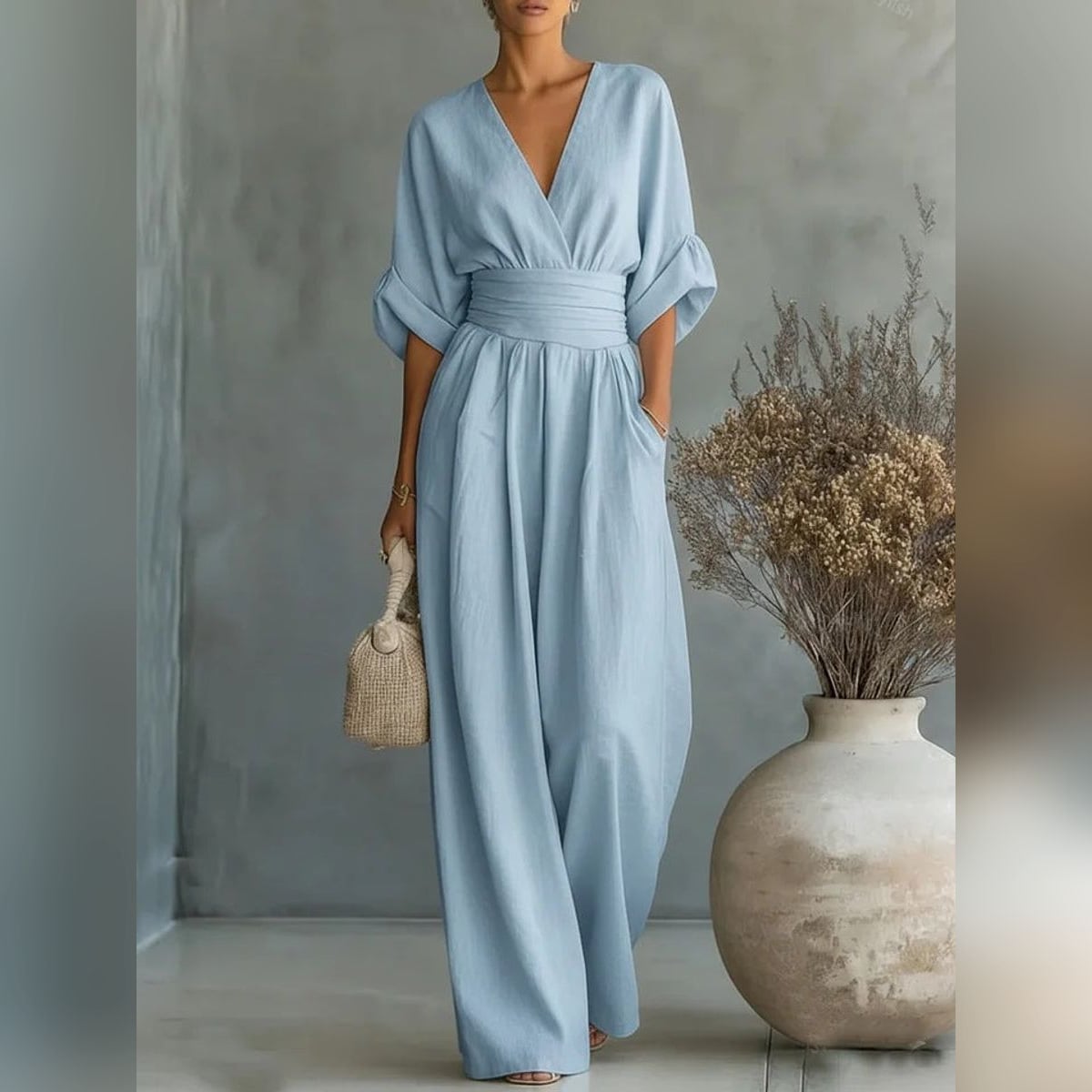 dames wijde broekpak met v-hals en getailleerde taille in blauw