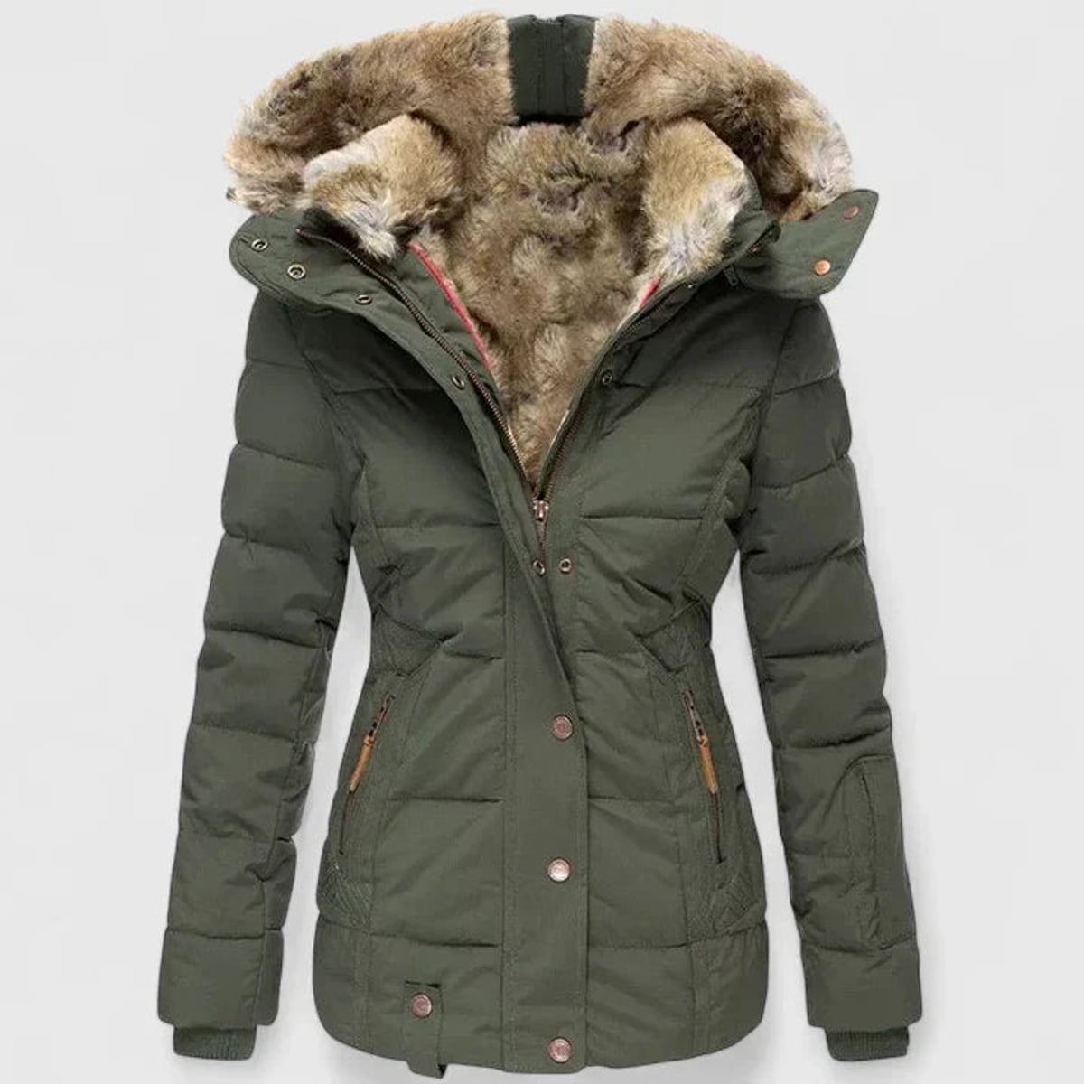 dames winterjas getailleerd met capuchon in groen