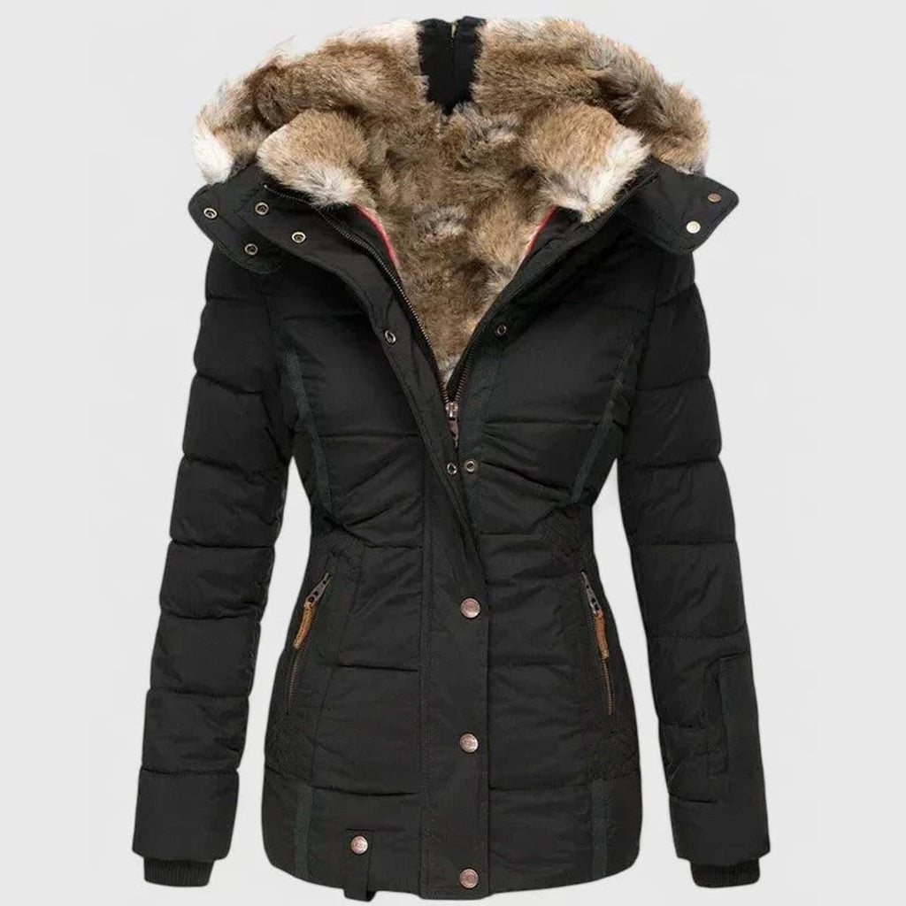 dames winterjas getailleerd met capuchon in zwart