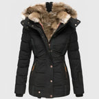 dames winterjas getailleerd met capuchon in zwart