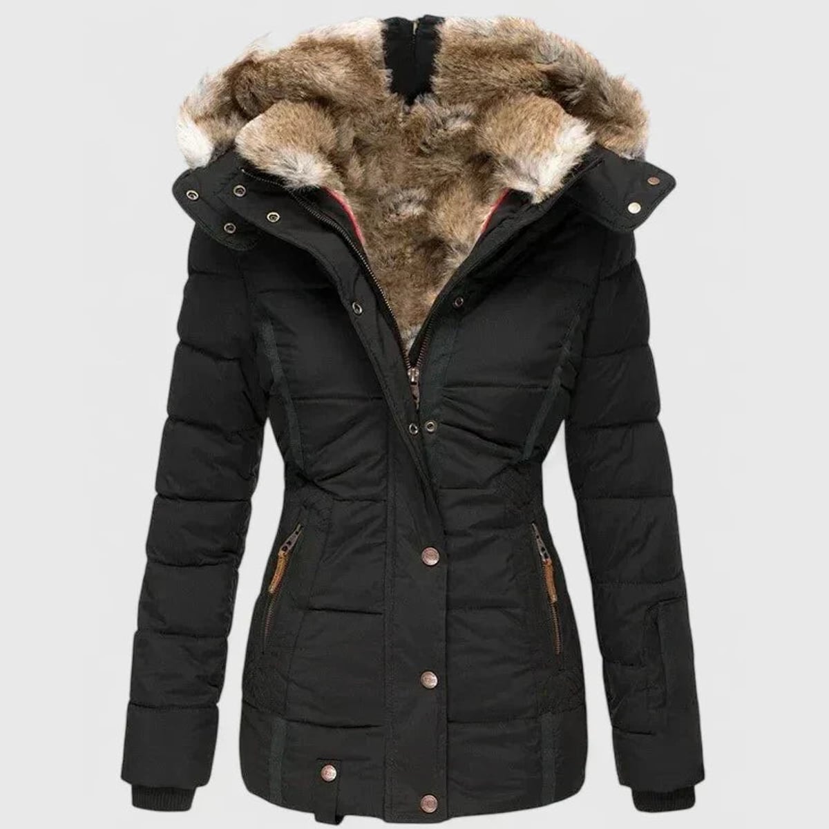 dames winterjas getailleerd met capuchon in zwart