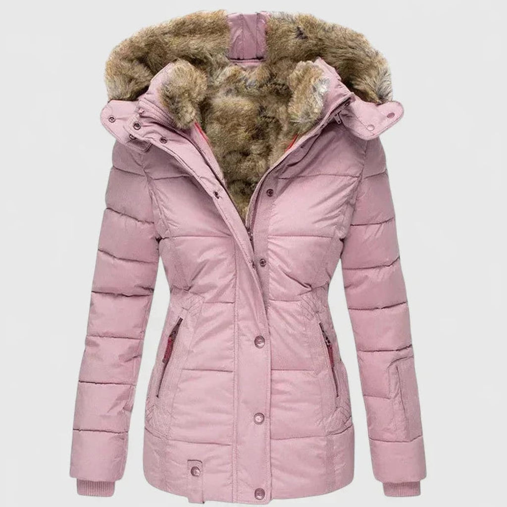 dames winterjas getailleerd met capuchon in roze